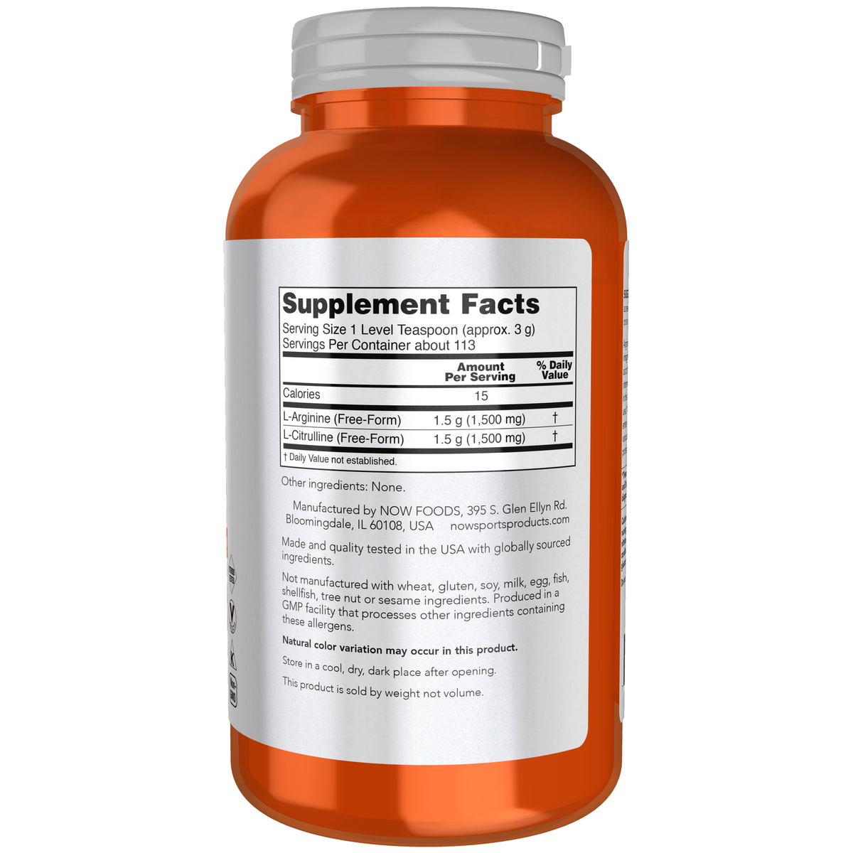 NOW Foods Arginine & Citrulline Powder - 12 oz. – Right label / Etykieta producenta