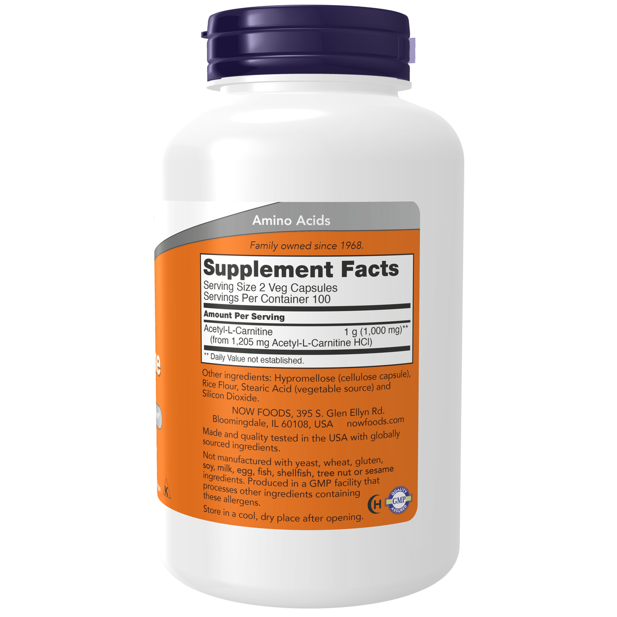 NOW Foods Acetyl-L-Carnitine 500 mg - 200 Veg Capsules – Label details / Etykieta producenta