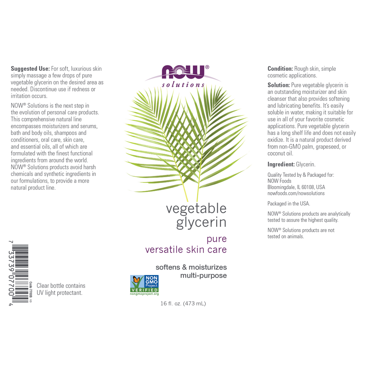 NOW Foods Vegetable Glycerin - 16 fl. oz. – Manufacturer label details / Etykieta producenta