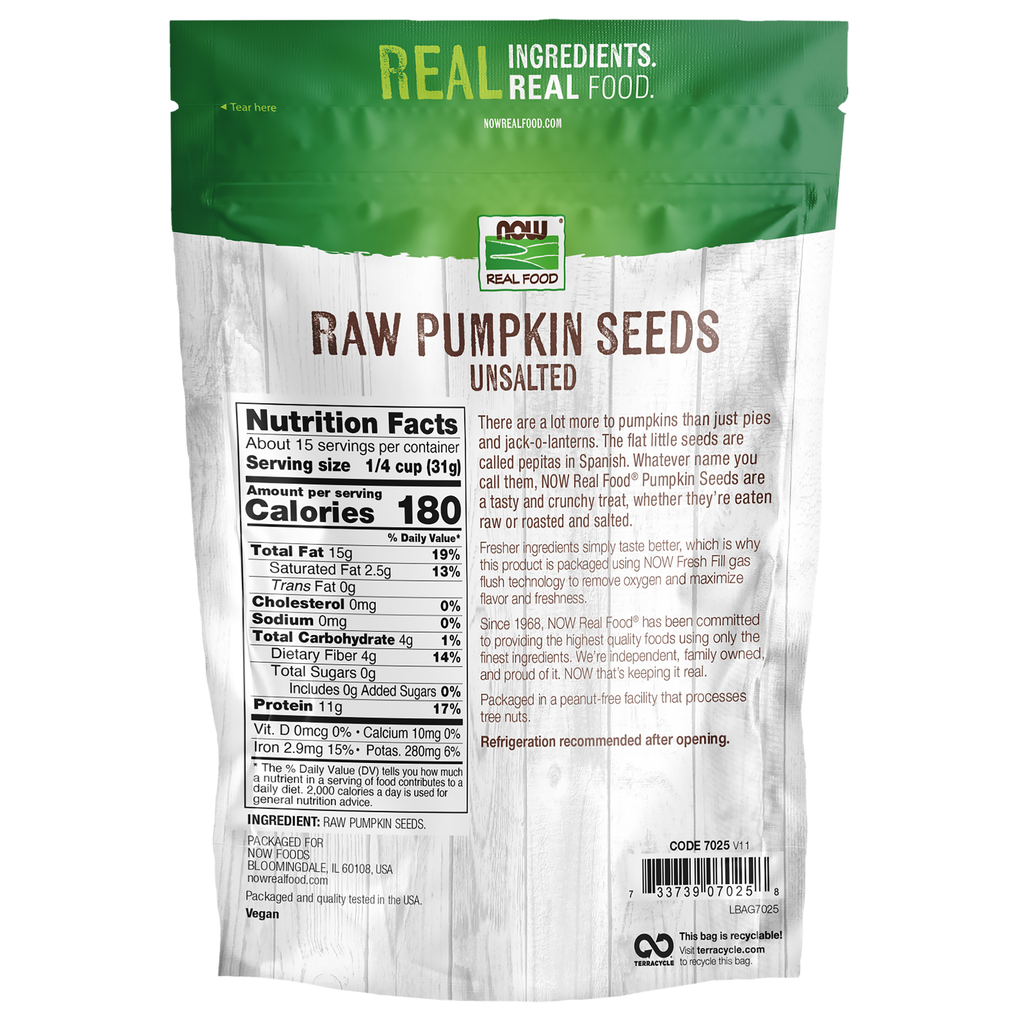 NOW Foods Pumpkin Seeds, Raw & Unsalted - 16 oz. – Back label / Etykieta producenta