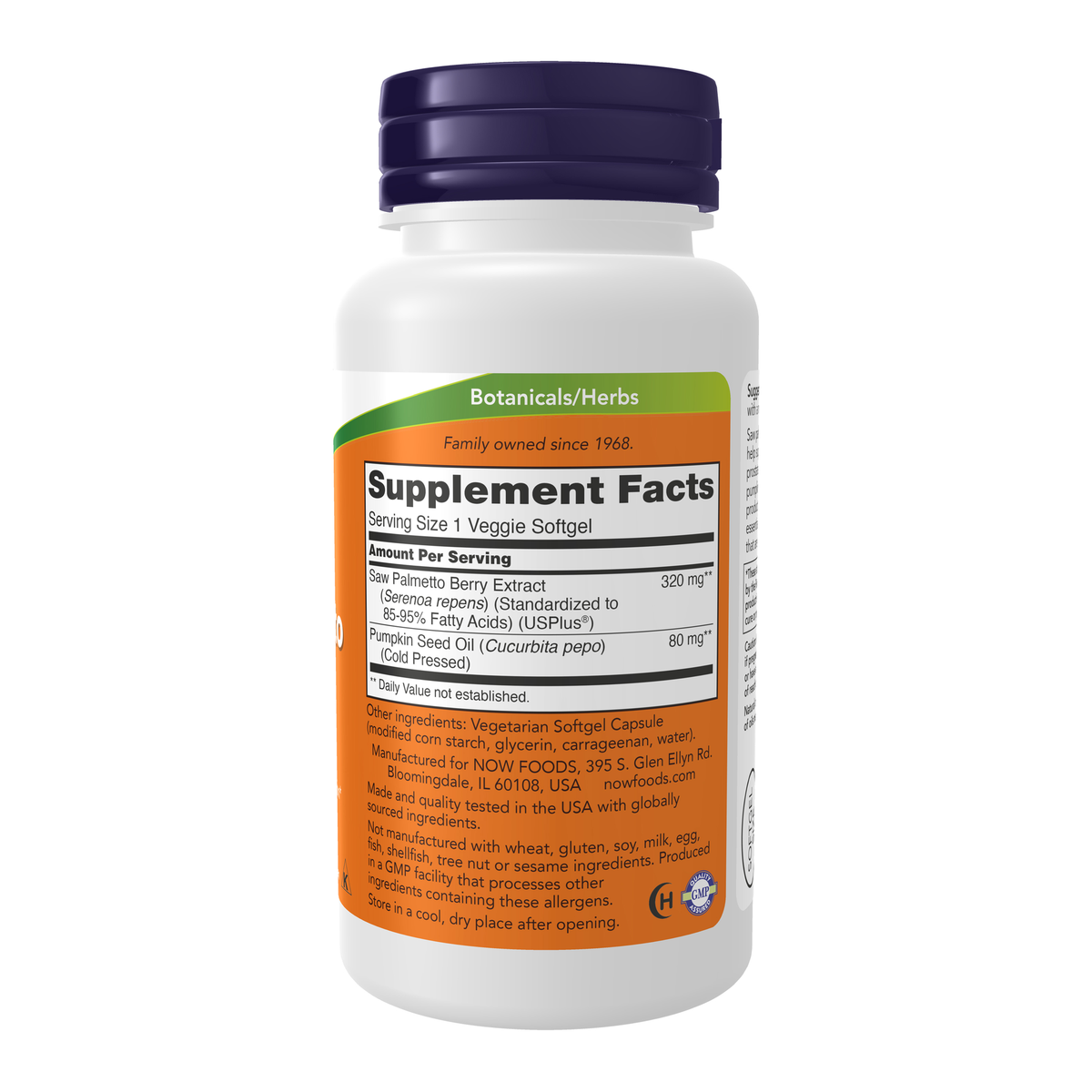 NOW Foods Saw Palmetto Extract 320 mg - 90 Veggie Softgels – Right label / Etykieta producenta