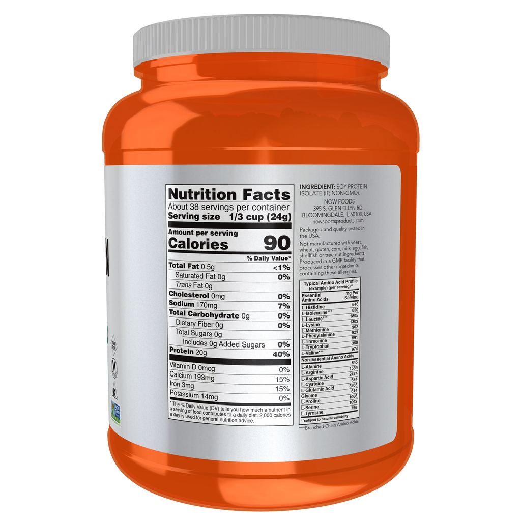 NOW Foods Soy Protein Isolate, Unflavored Powder - 2 lbs. – Manufacturer label details / Etykieta producenta