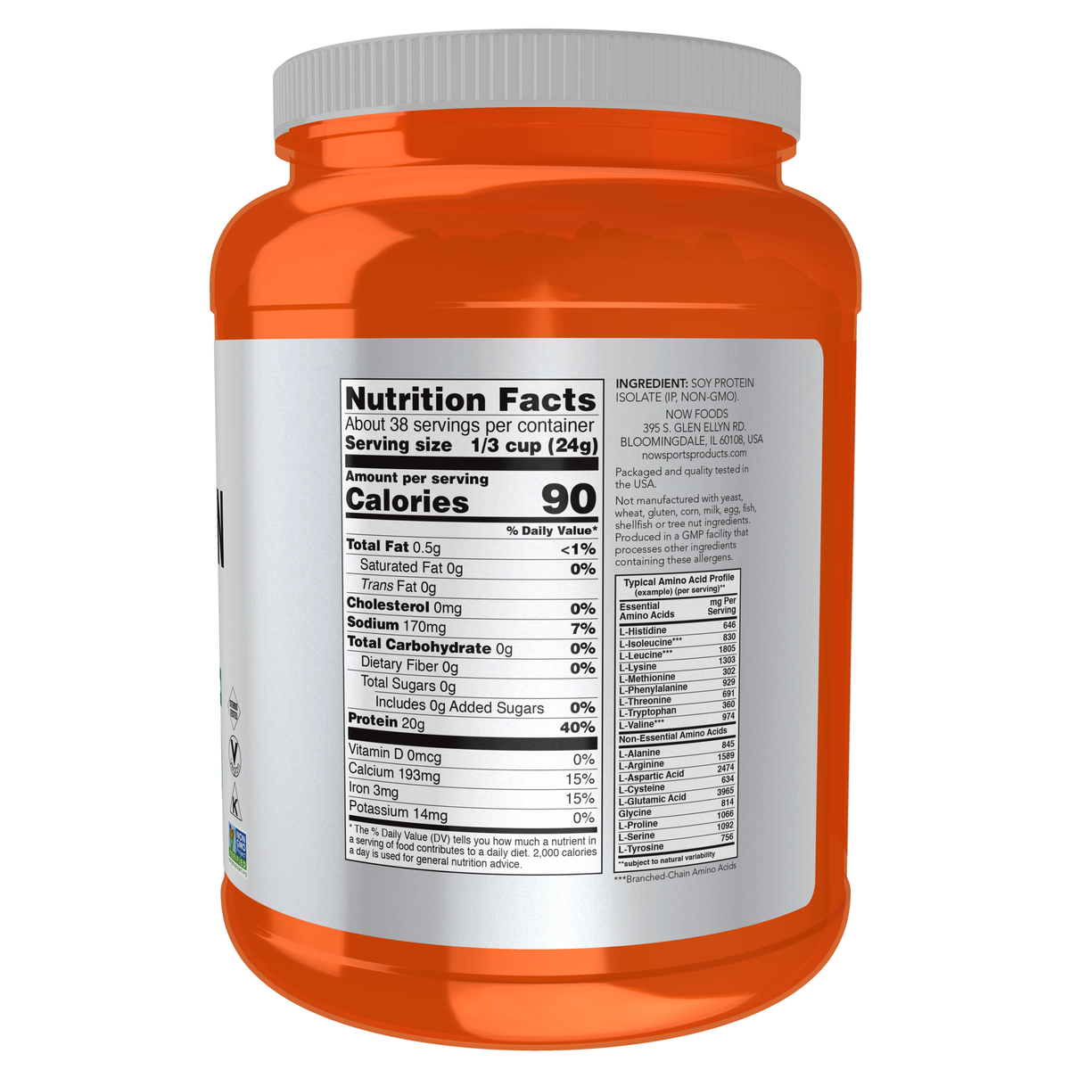 NOW Foods Soy Protein Isolate, Unflavored Powder - 2 lbs. – Manufacturer label details / Etykieta producenta