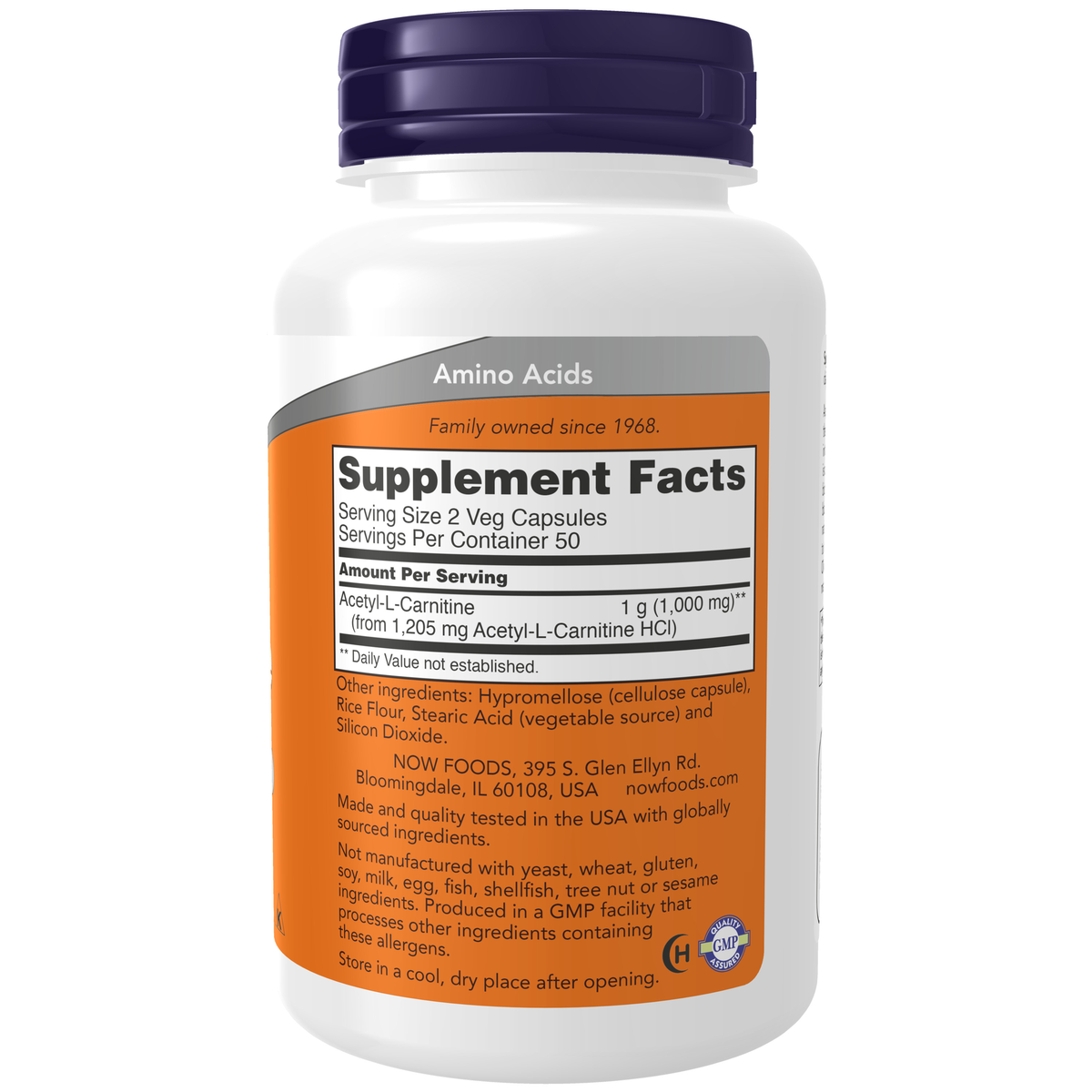 NOW Foods Acetyl-L-Carnitine 500 mg - 100 Veg Capsules – Label details / Etykieta producenta