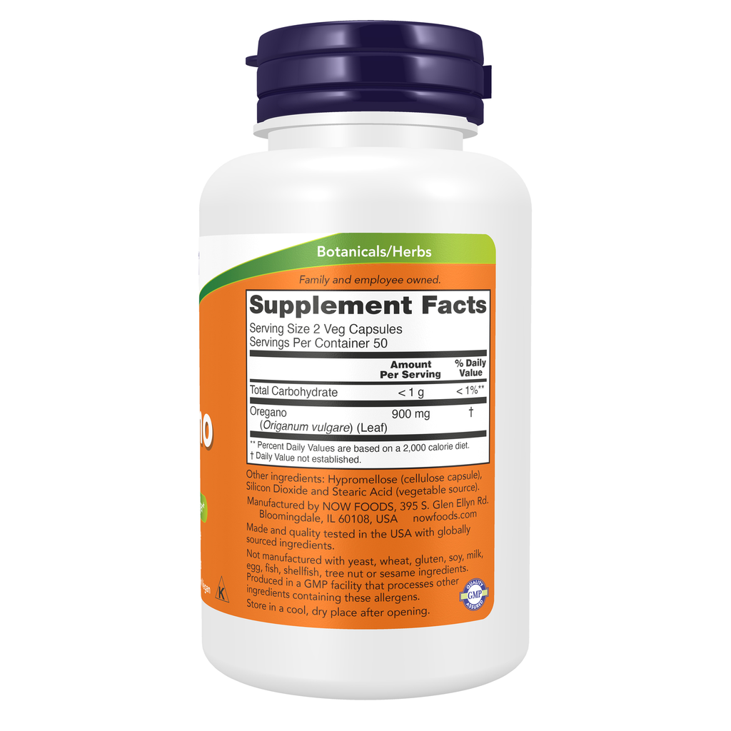 NOW Foods Oregano 450 mg - 100 Veg Capsules – right label / Etykieta producenta