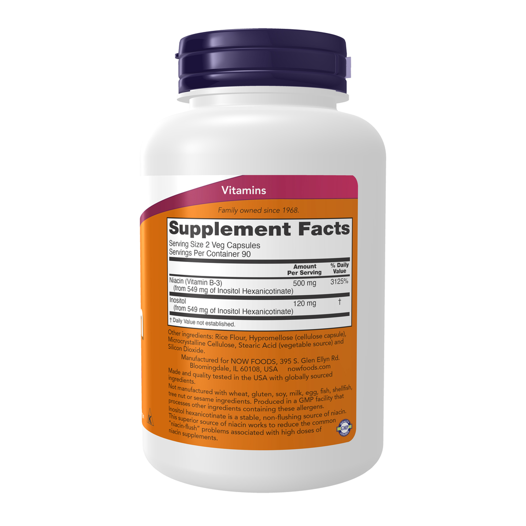 NOW Foods Flush-Free Niacin 250 mg - 180 Veg Capsules – Right label / Etykieta producenta
