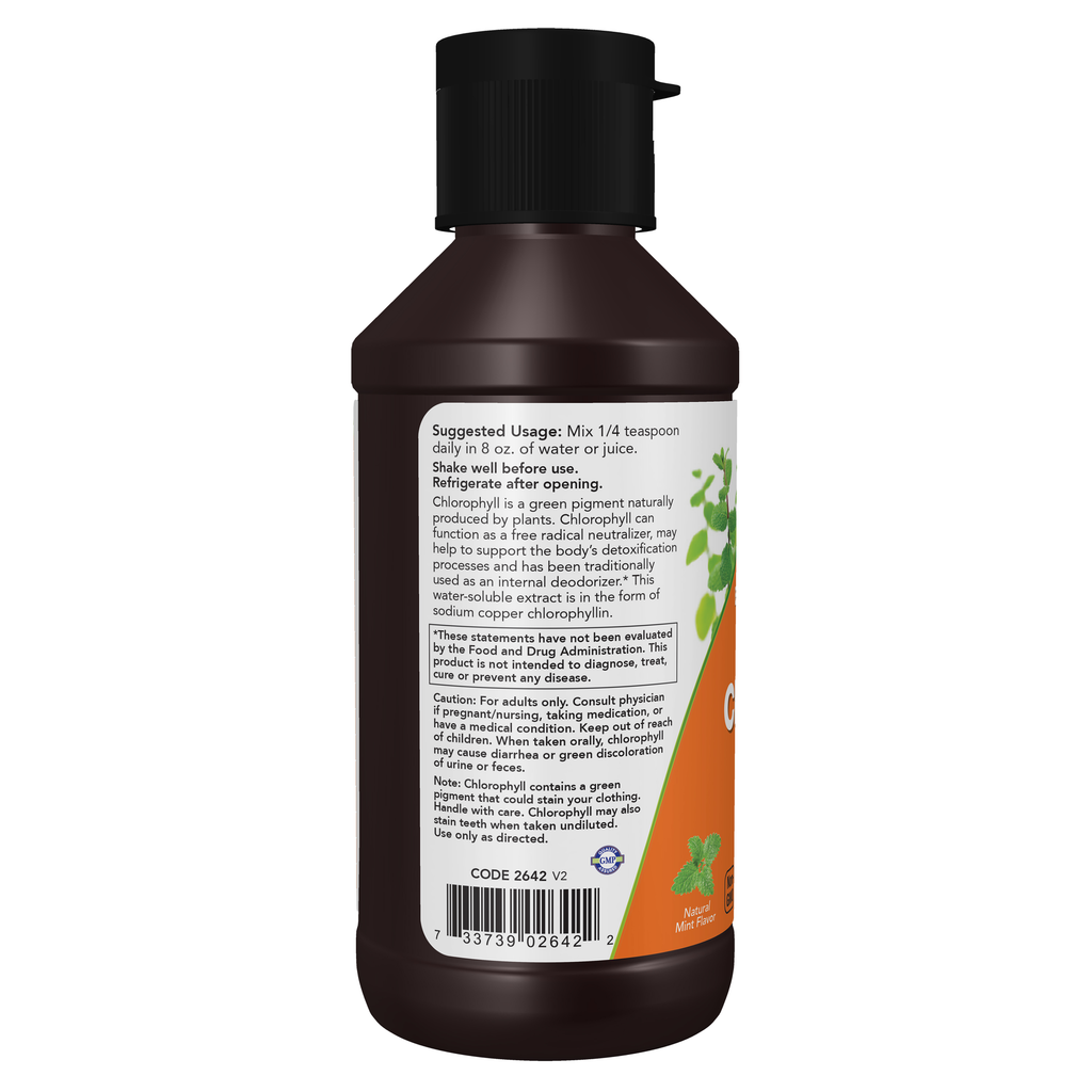 NOW Foods Chlorophyll Liquid, Extra Strength Mint - 4 fl. oz. – Left label / Etykieta producenta