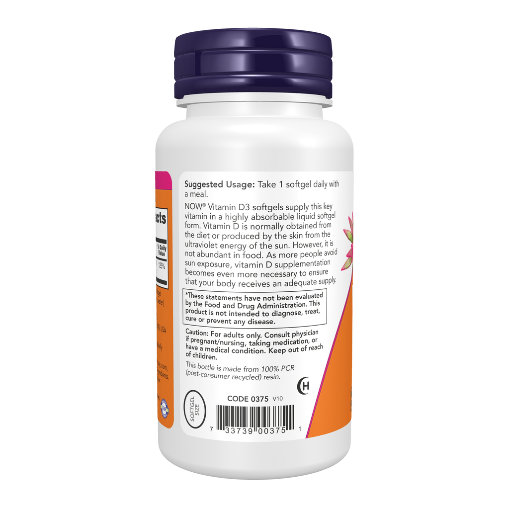 NOW Foods Vitamin D-3 1000 IU - 360 Softgels – Left label / Etykieta producenta