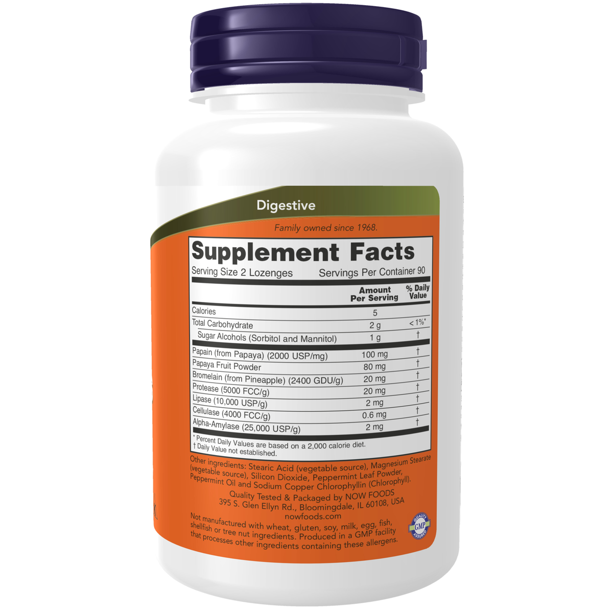 NOW Foods Papaya Enzyme - 180 Lozenges – Label details / Etykieta producenta