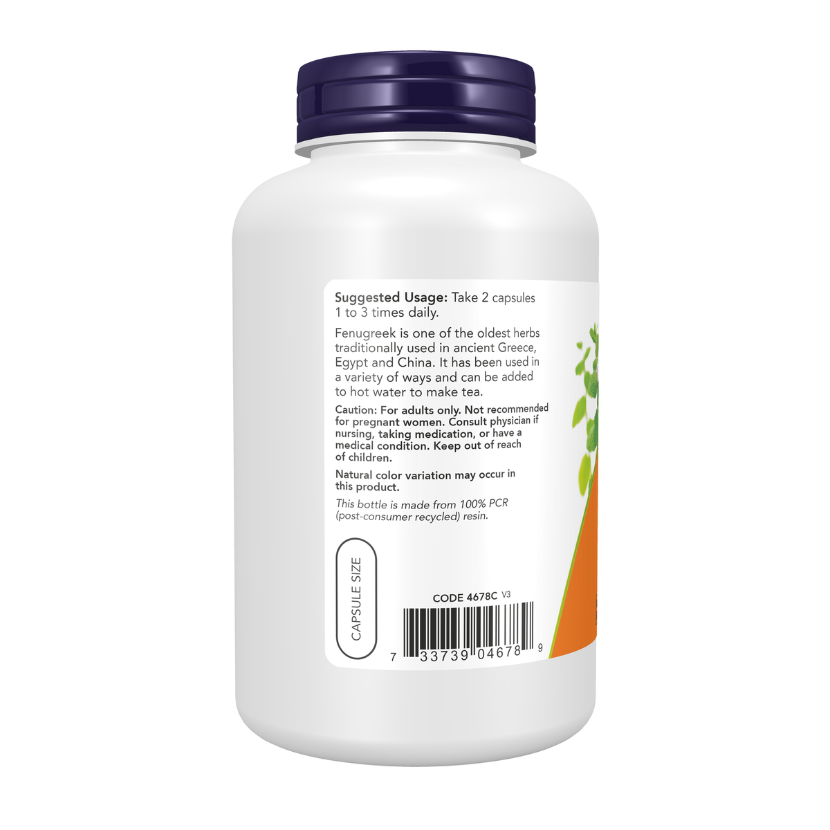 NOW Foods Fenugreek 500 mg - 250 Veg Capsules – Left label / Etykieta producenta