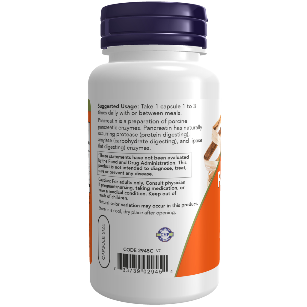 NOW Foods Pancreatin 2000 - 100 Capsules – Label details / Etykieta producenta