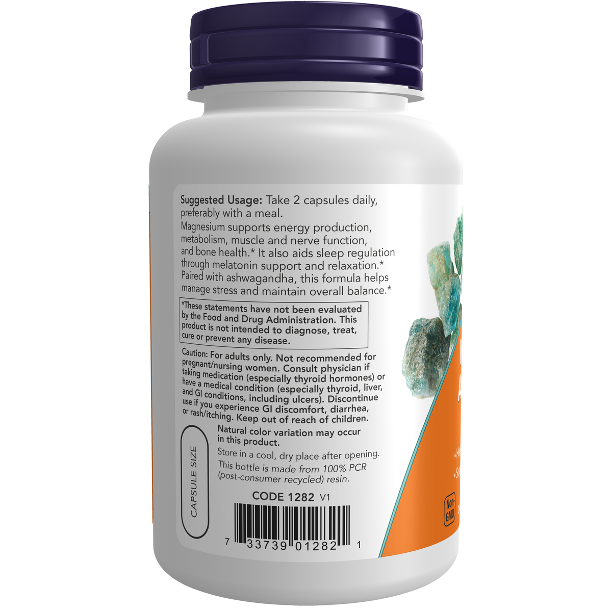 NOW Foods Magnesium + Ashwagandha - 120 Veg Capsules – Left label / Etykieta producenta