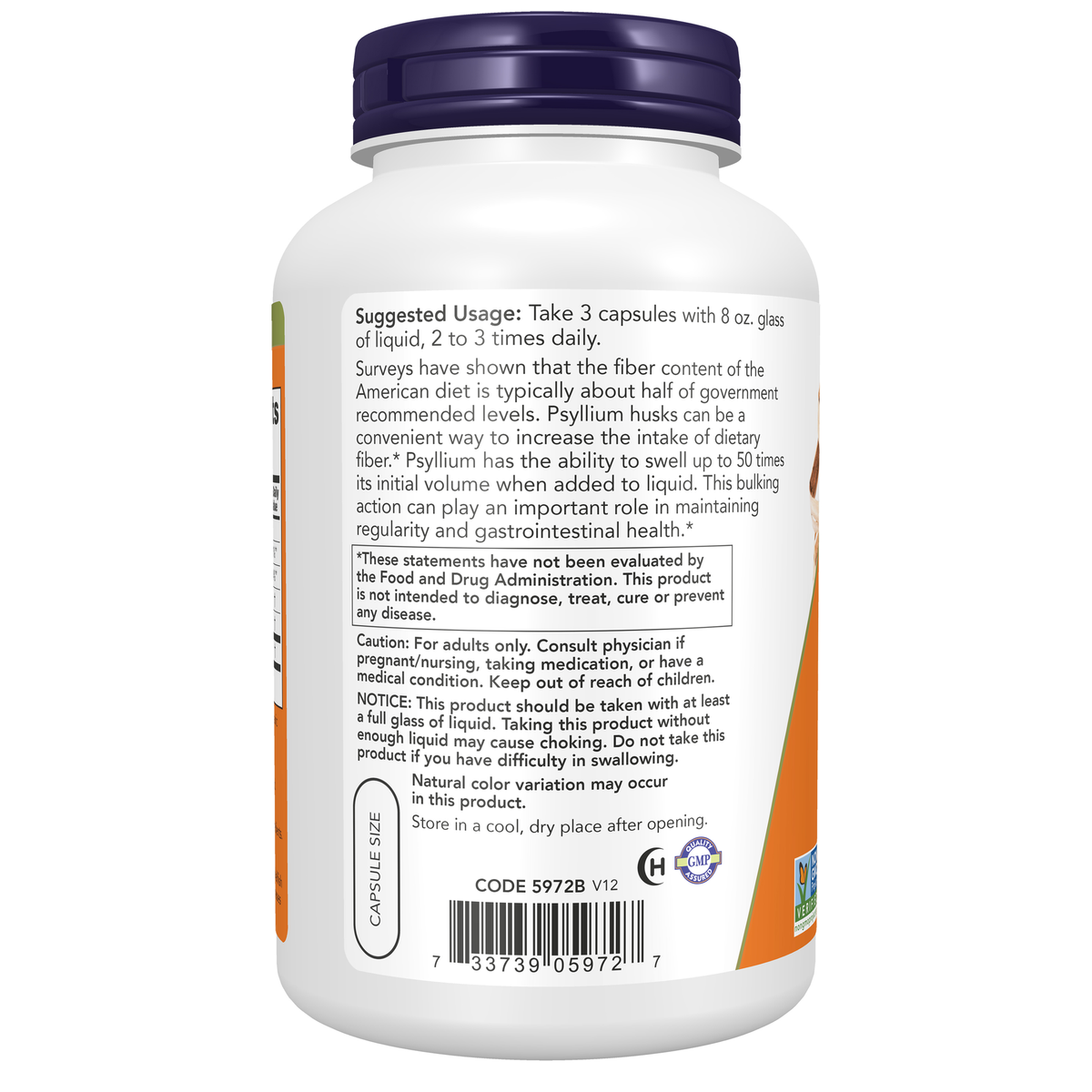 NOW Foods Psyllium Husk Caps 500 mg - 500 Veg Capsules – left label / Etykieta producenta