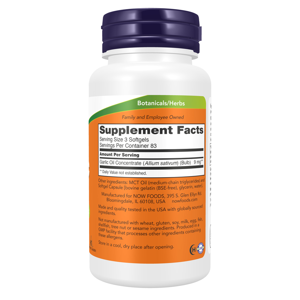 NOW Foods Garlic Oil 1500 mg - 250 Softgels – Right label / Etykieta producenta