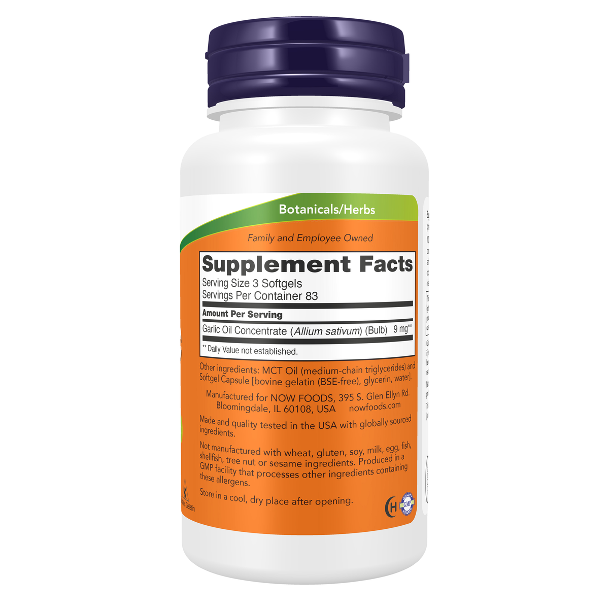 NOW Foods Garlic Oil 1500 mg - 250 Softgels – Right label / Etykieta producenta