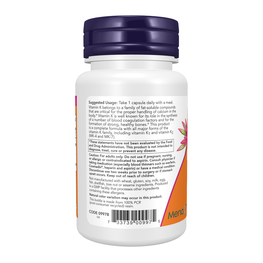 NOW Foods MK-7 Plus with K1 & MK-4 - 90 Veg Capsules – Left label / Etykieta producenta