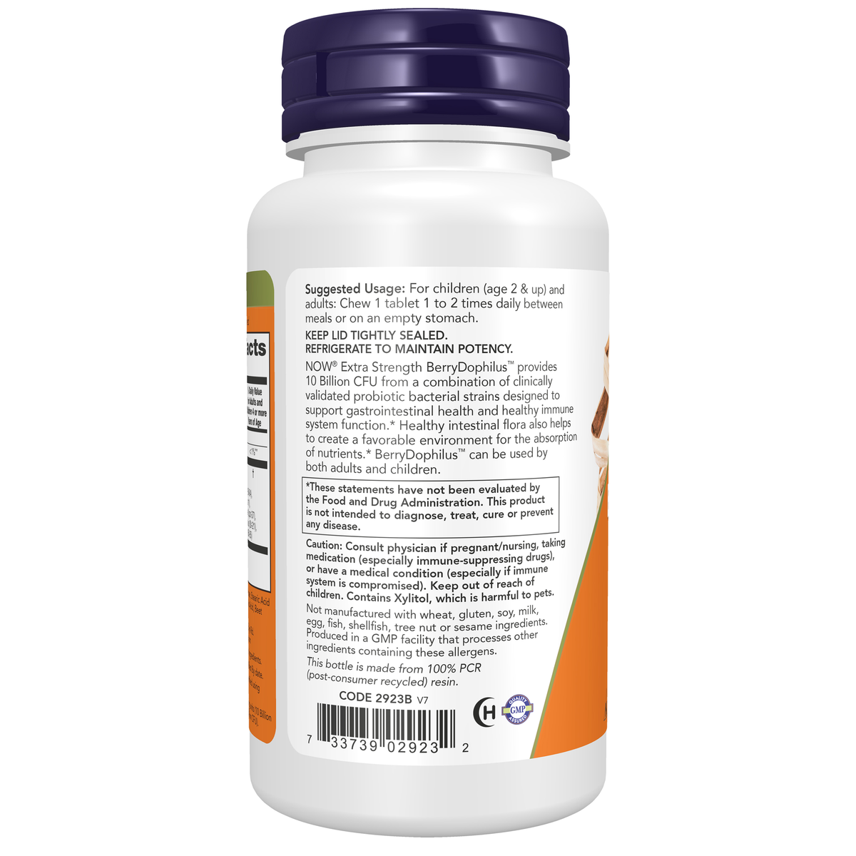 NOW Foods BerryDophilus™ Extra Strength 10 Billion - 50 Chewables – left label / Etykieta producenta