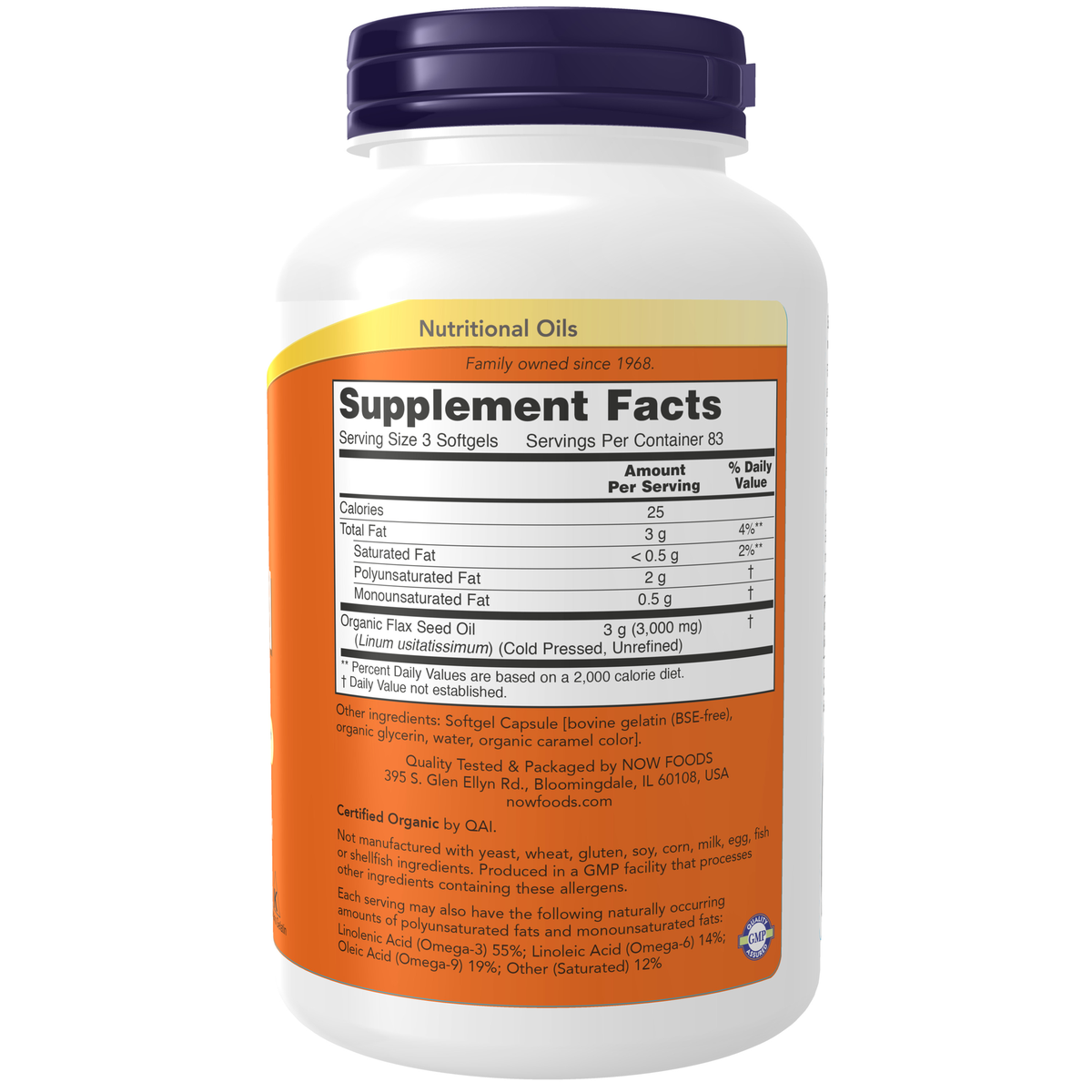 NOW Foods Flax Oil 1000 mg - 250 Softgels – Label details / Etykieta producenta