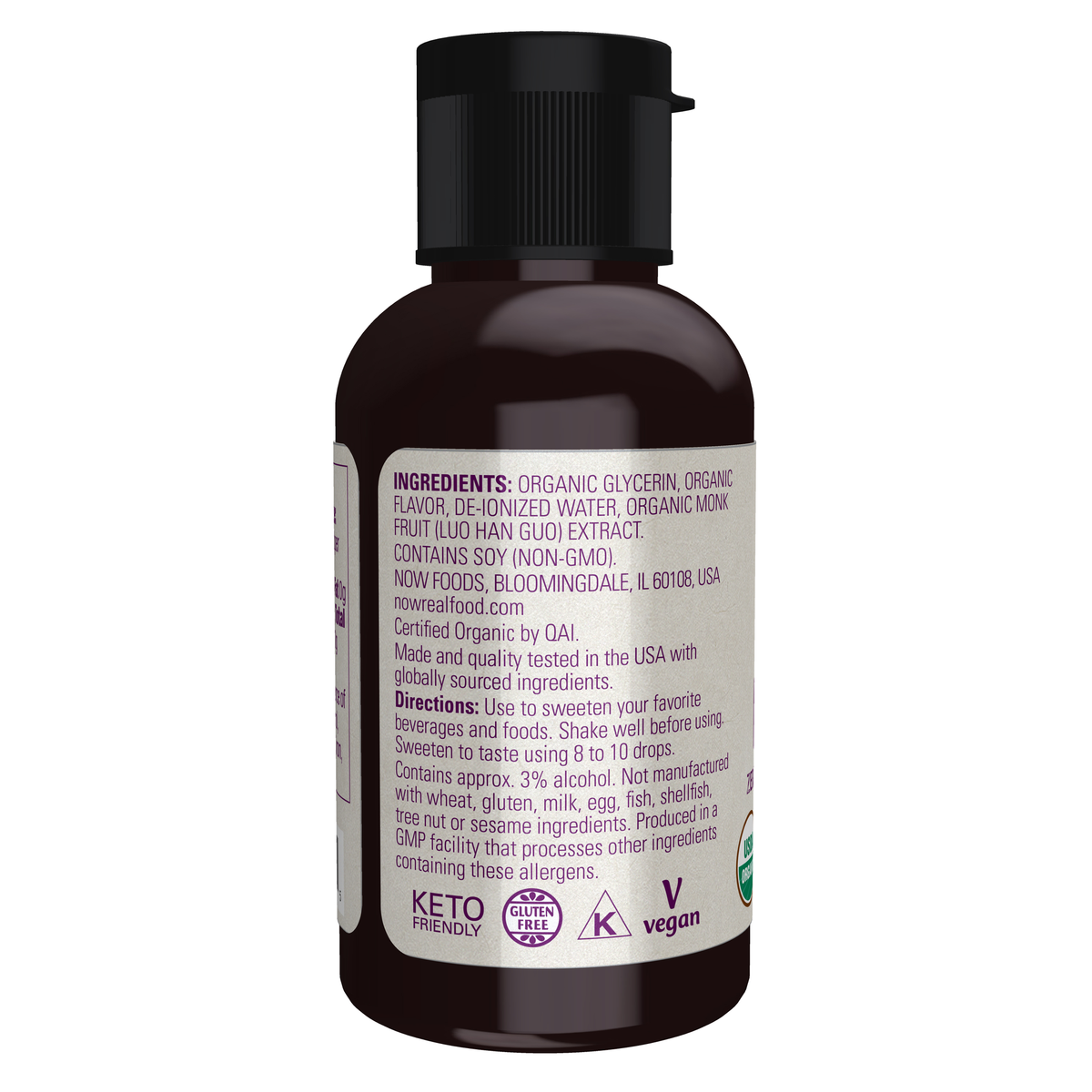 NOW Foods Monk Fruit Caramel Liquid, Organic - 1.8 fl. oz. – Left label / Etykieta producenta