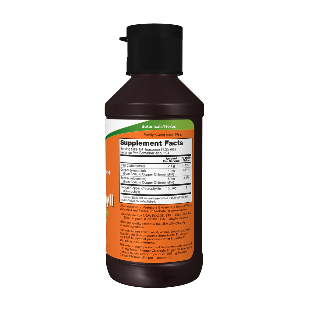 NOW Foods Chlorophyll Liquid, Extra Strength Unflavored - 4 fl. oz. – Right label / Etykieta producenta