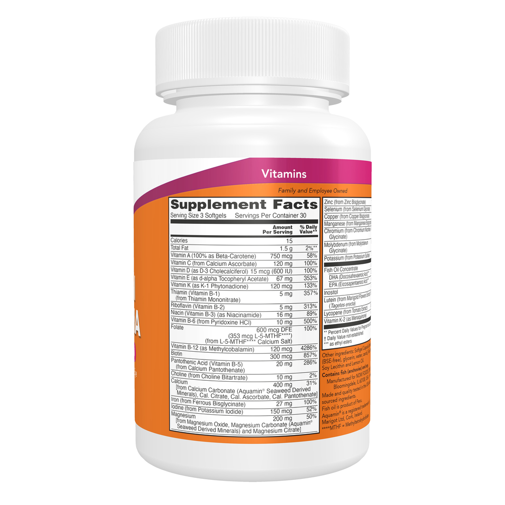 NOW Foods Prenatal Gels + DHA - 90 Softgels – Right label / Etykieta producenta