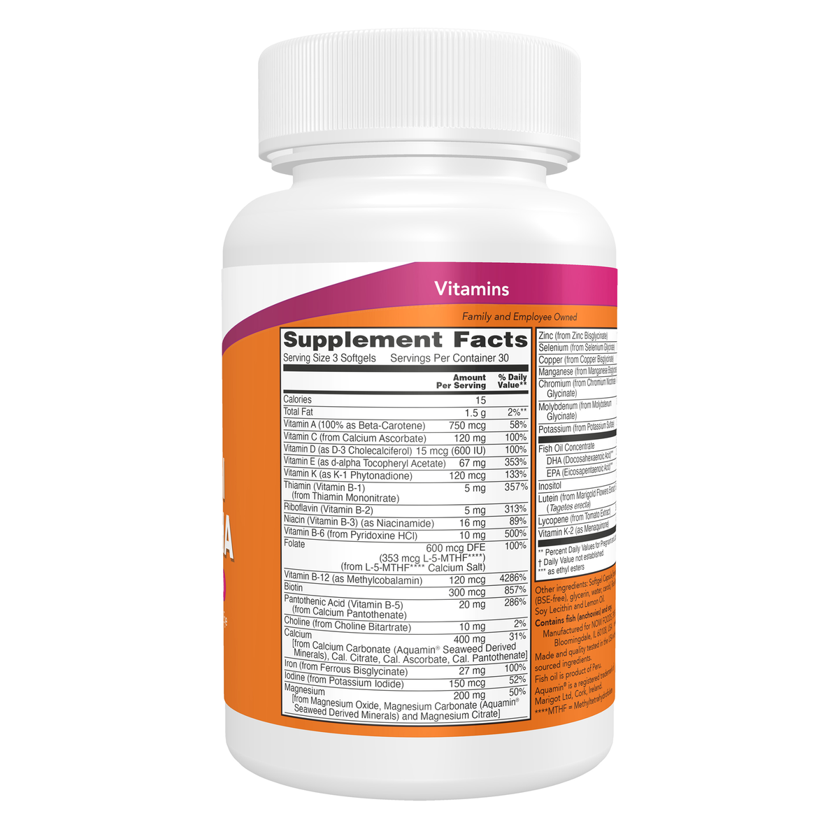 NOW Foods Prenatal Gels + DHA - 90 Softgels – Right label / Etykieta producenta