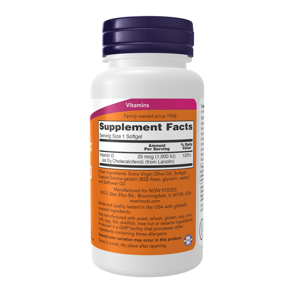 NOW Foods Vitamin D-3 1000 IU - 360 Softgels – Right label / Etykieta producenta