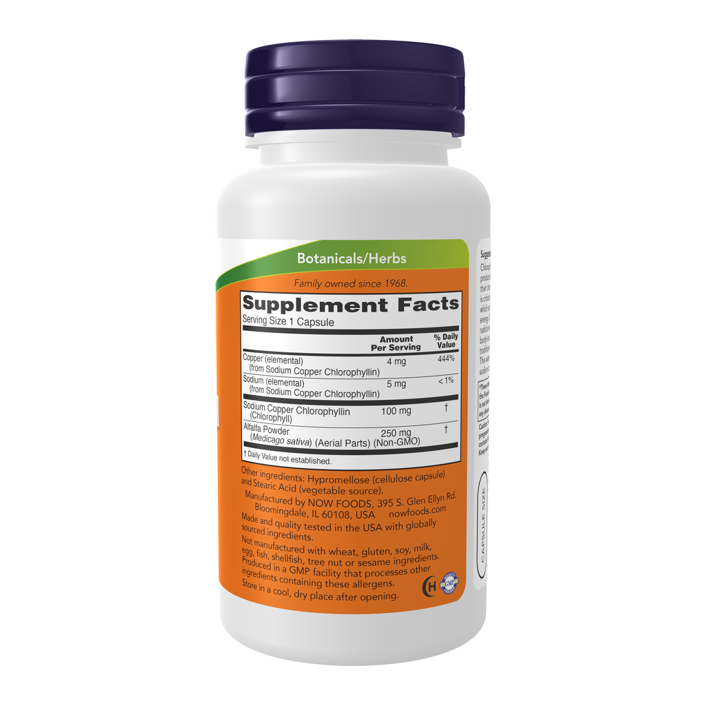 NOW Foods Chlorophyll 100 mg - 90 Veg Capsules – Right label / Etykieta producenta