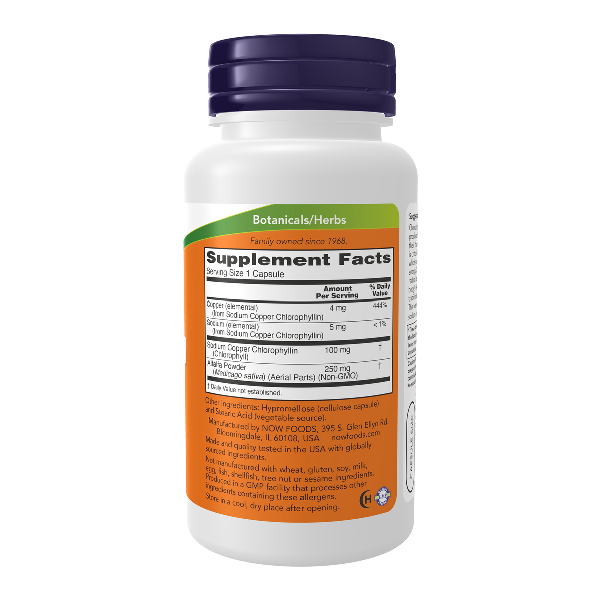 NOW Foods Chlorophyll 100 mg - 90 Veg Capsules – Right label / Etykieta producenta