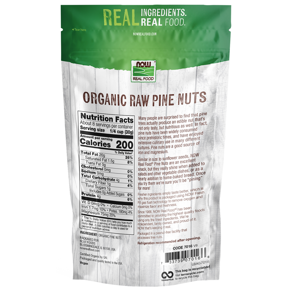 NOW Foods Pine Nuts, Raw Organic - 8 oz. – Back label / Etykieta producenta