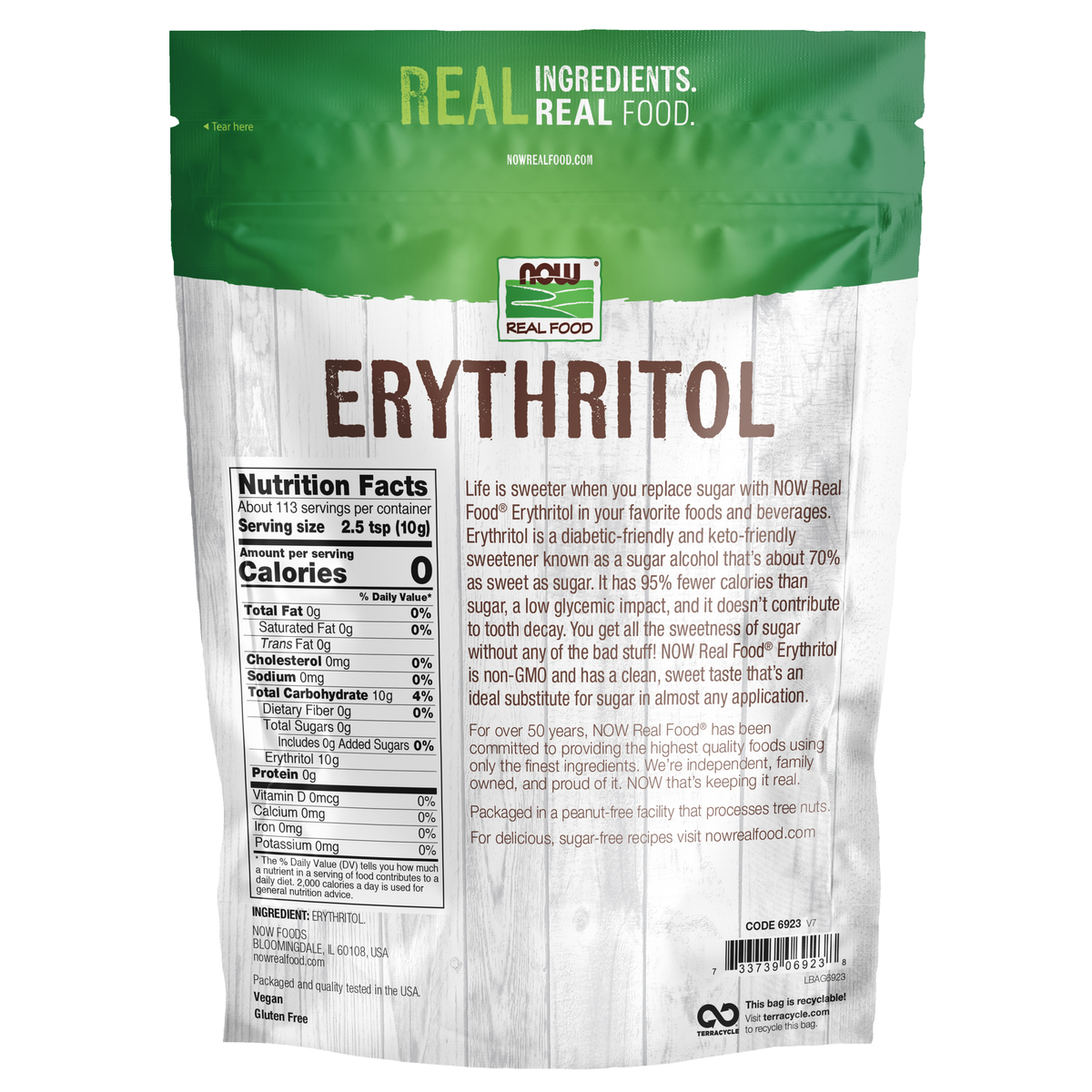 NOW Foods Erythritol - 2.5 lbs – Label details / Etykieta producenta