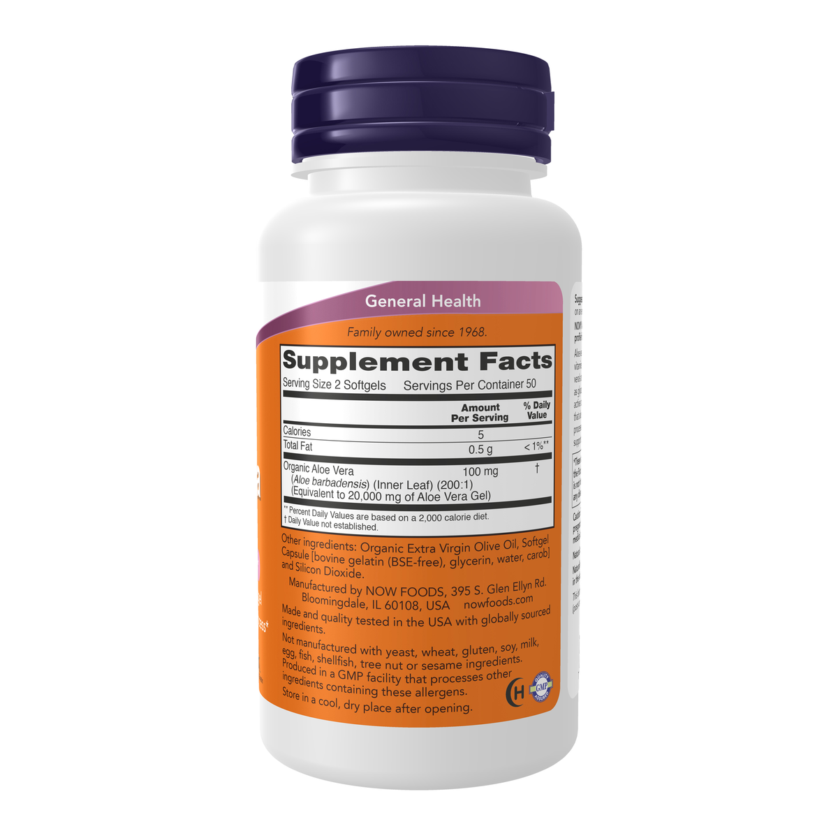 NOW Foods Aloe Vera 10,000 mg - 100 Softgels – Right label / Etykieta producenta