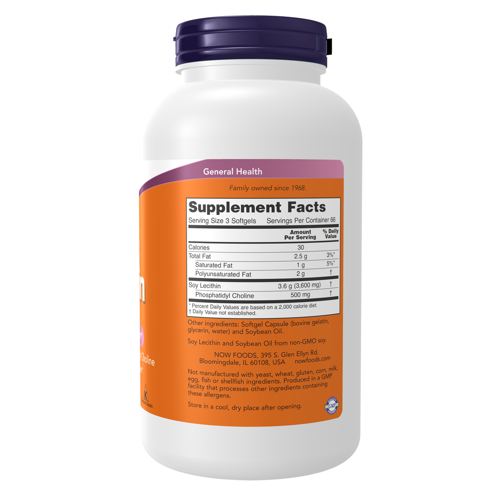 NOW Foods Lecithin 1200 mg - 200 Softgels – Right label / Etykieta producenta