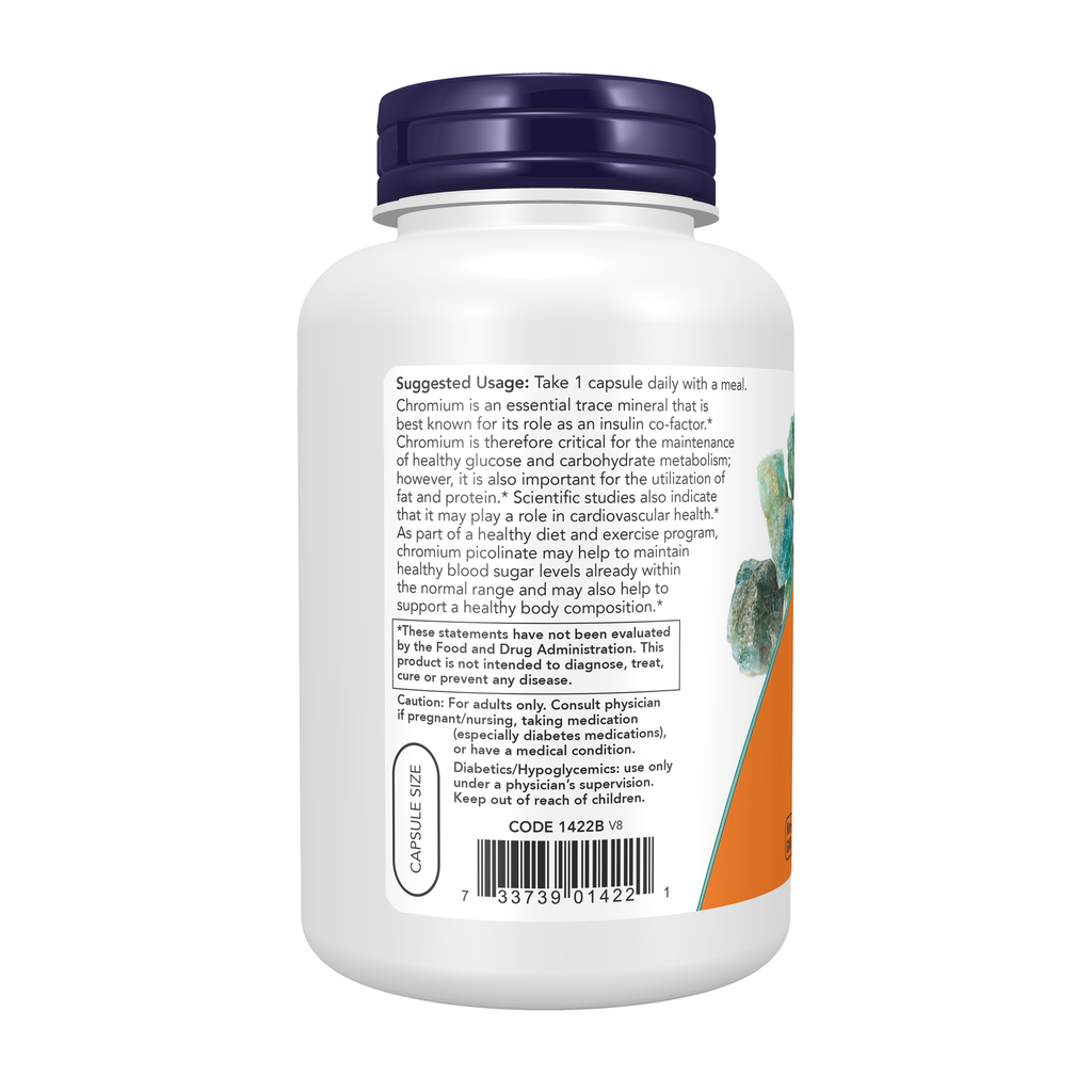 NOW Foods Chromium Picolinate 200 mcg - 250 Veg Capsules – left label / Etykieta producenta