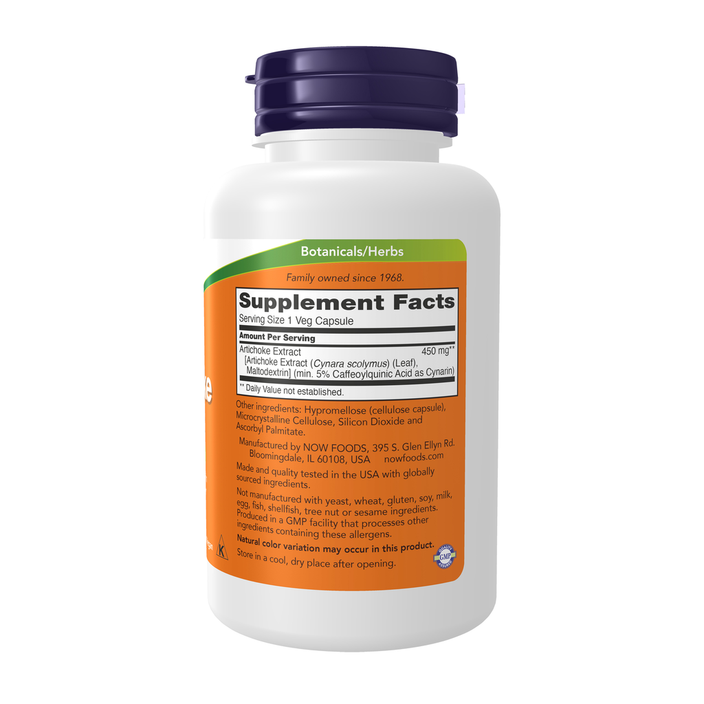 NOW Foods Artichoke Extract 450 mg - 90 Veg Capsules – Right label / Etykieta producenta