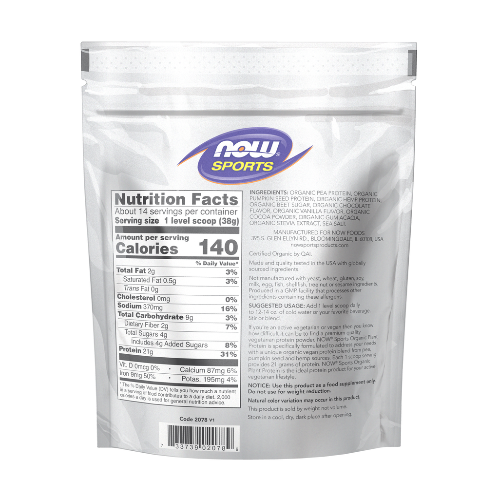 NOW Foods Plant Protein, Organic Creamy Chocolate Powder - 1.2 lbs. – Back label / Etykieta producenta