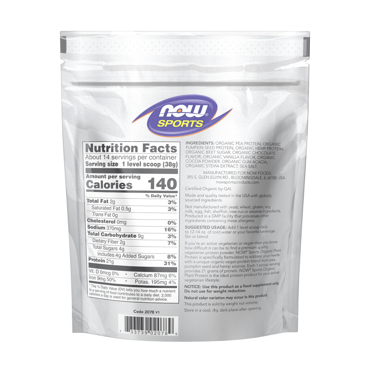 NOW Foods Plant Protein, Organic Creamy Chocolate Powder - 1.2 lbs. – Back label / Etykieta producenta