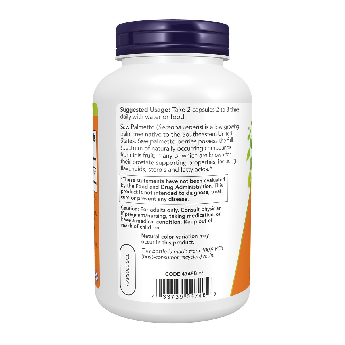 NOW Foods Saw Palmetto Berries 550 mg - 250 Veg Capsules – Left label / Etykieta producenta