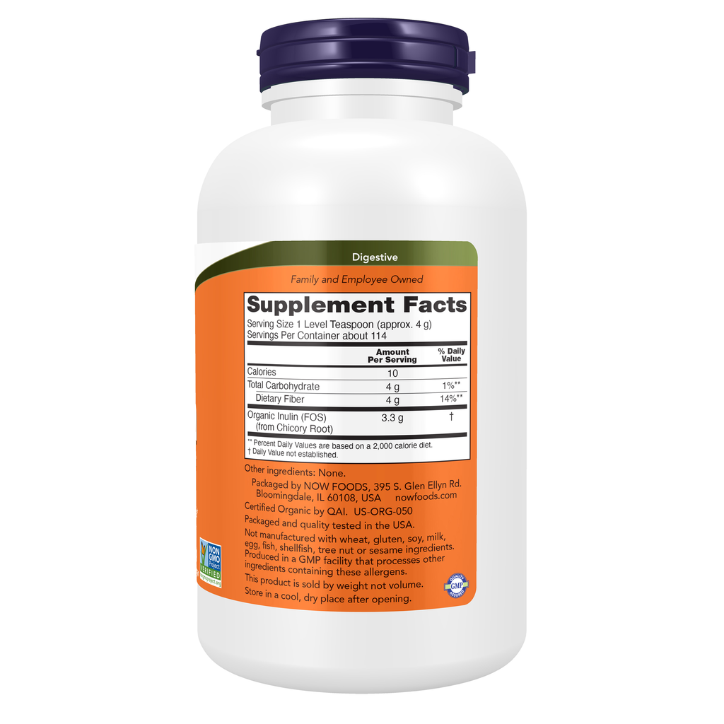 NOW Foods Inulin Prebiotic Pure Powder, Organic - 1 lb. – right label / Etykieta producenta