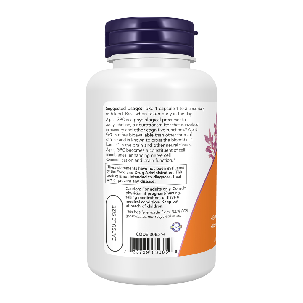 NOW Foods Alpha GPC 300 mg - 60 Veg Capsules – Left label / Etykieta producenta