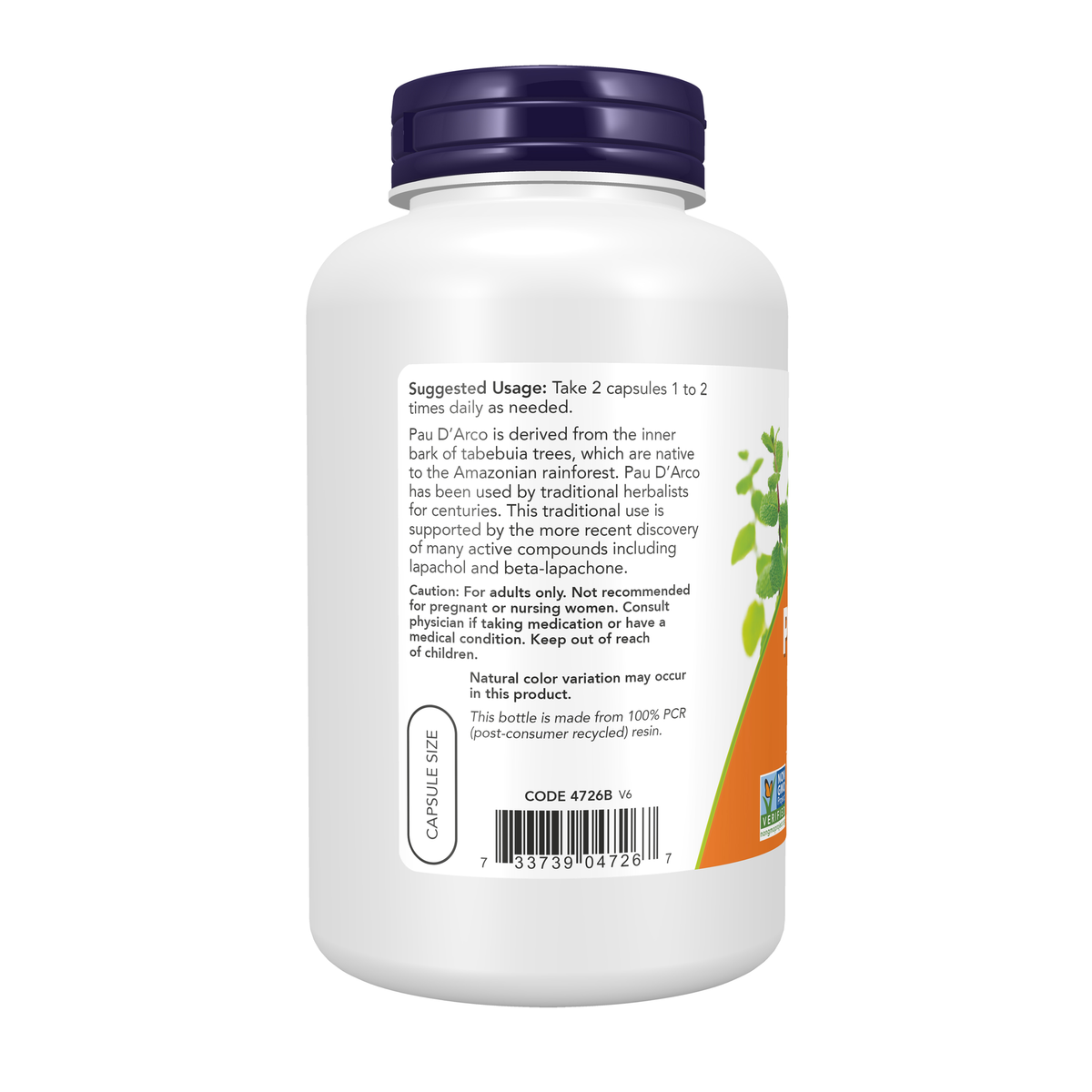 NOW Foods Pau D' Arco 500 mg - 250 Veg Capsules – Left label / Etykieta producenta