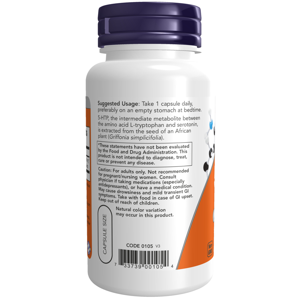 NOW Foods 5-HTP 100 mg - 60 Veg Capsules – Label details / Etykieta producenta