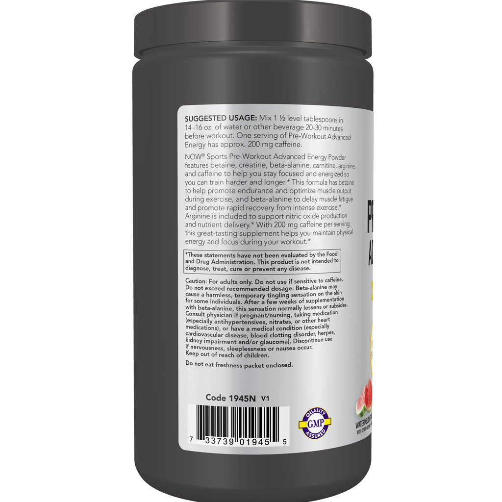 NOW Foods Pre-Workout Advanced Energy - 21.16 Ounce – Left label / Etykieta producenta