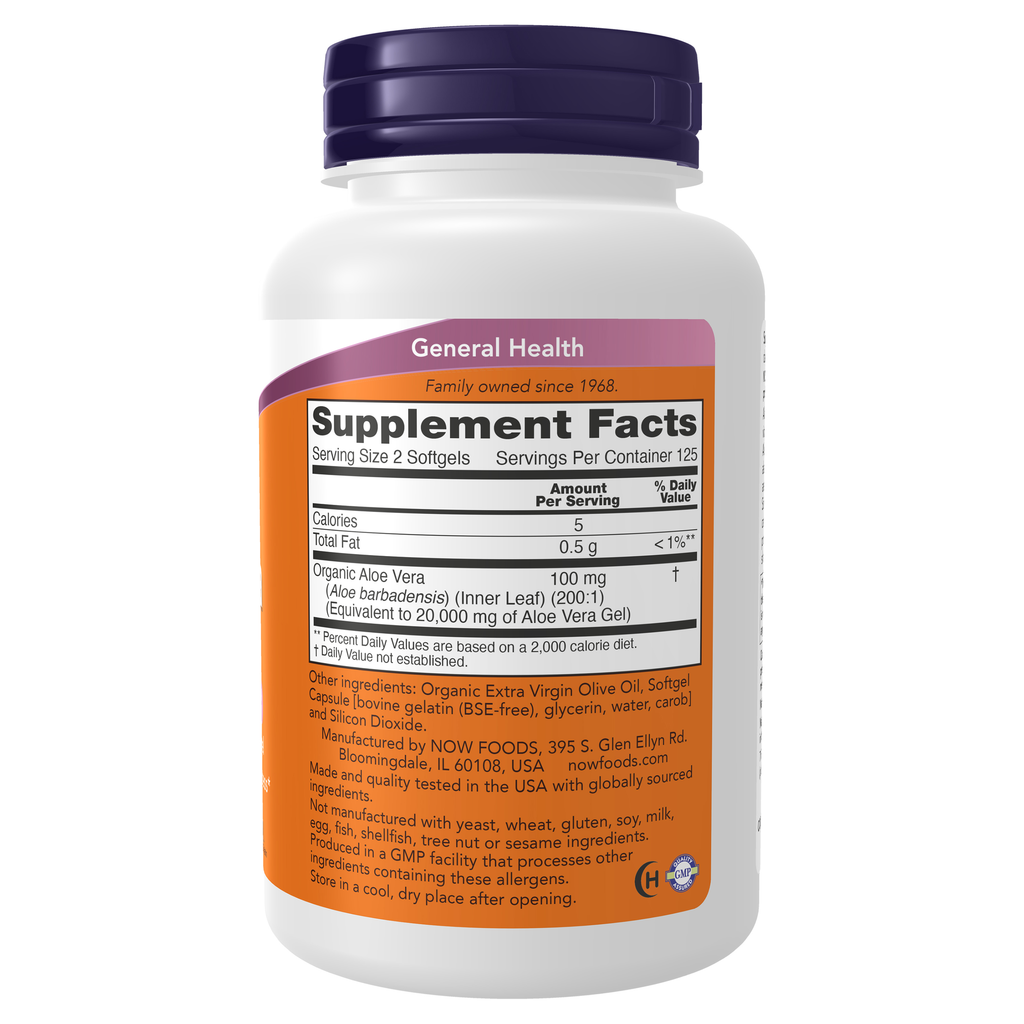 NOW Foods Aloe Vera 10,000 mg - 250 Softgels – Right label / Etykieta producenta