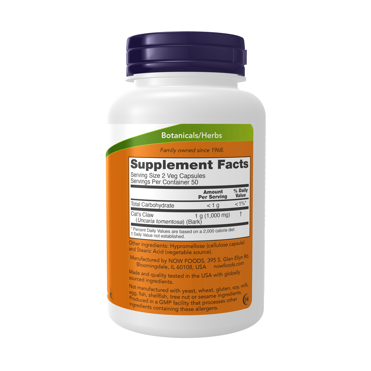 NOW Foods Cat's Claw 500 mg - 100 Veg Capsules – Right label / Etykieta producenta
