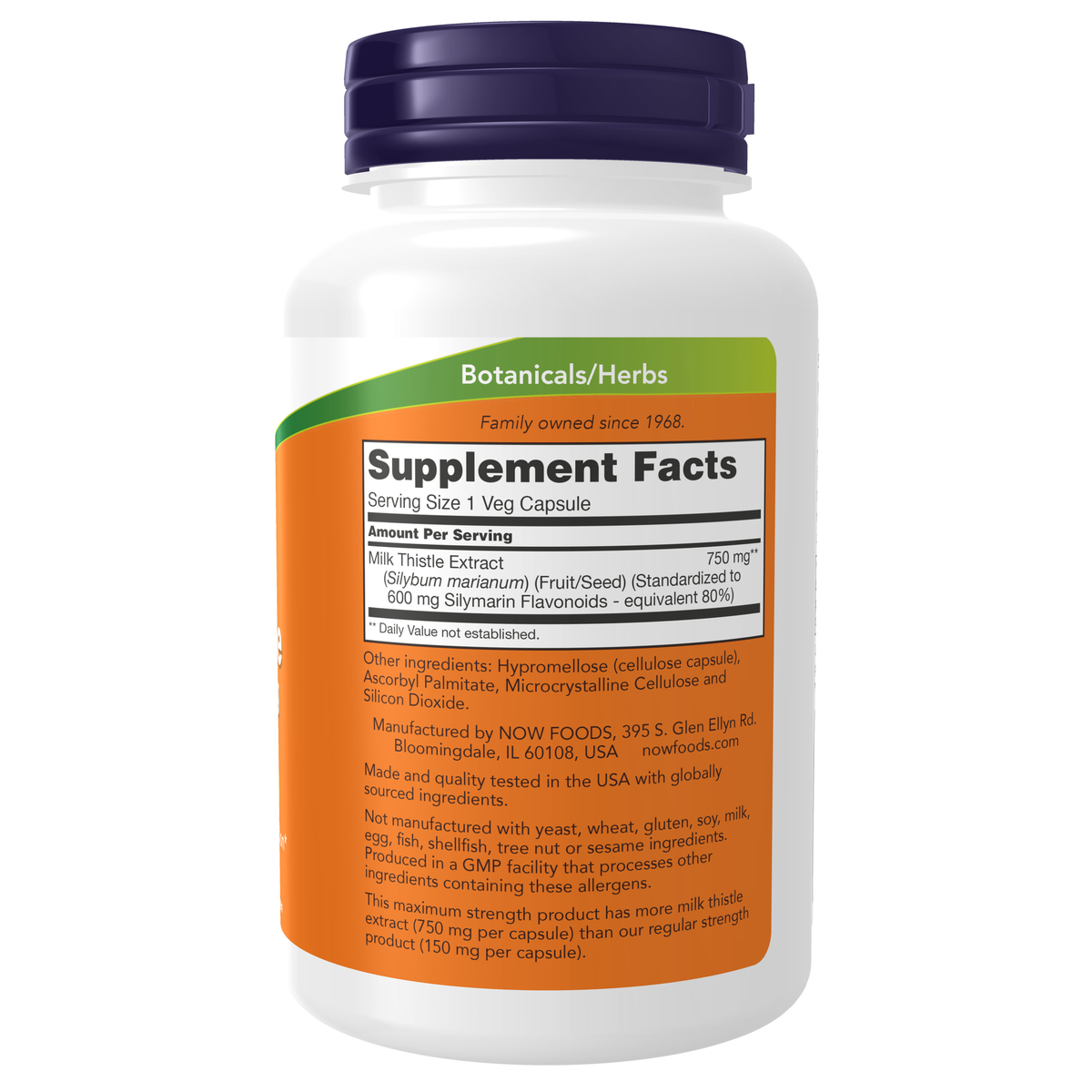 NOW Foods Milk Thistle Extract 750 mg Silymarin (600 mg), Maximum Strength - 90 Veg Capsules – Label details / Etykieta producenta
