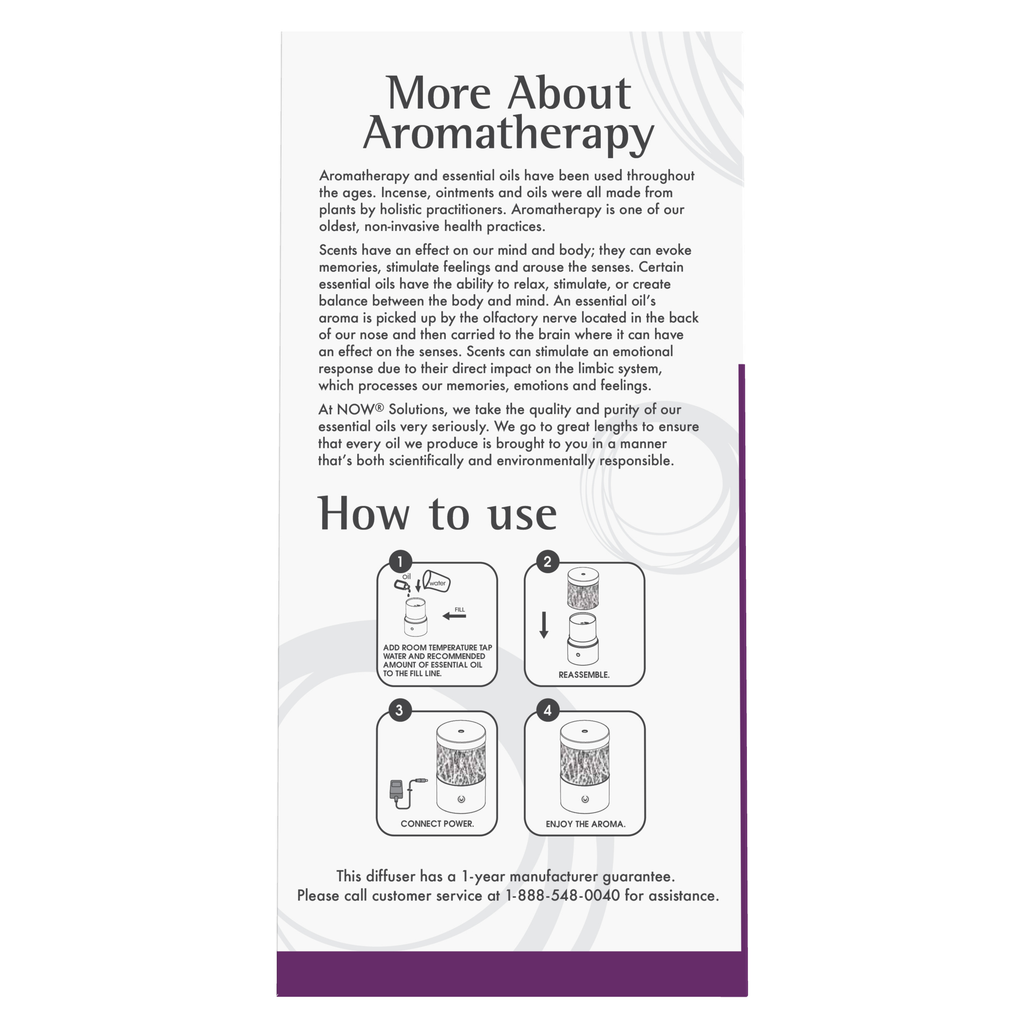 NOW Foods Metal Touch Ultrasonic Oil Diffuser – Label details / Etykieta producenta