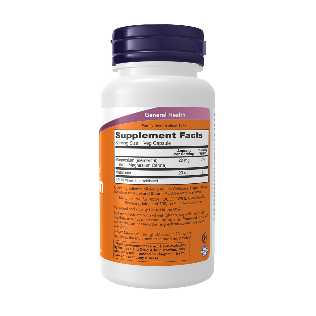 NOW Foods Melatonin, Maximum Strength 20 mg - 90 Veg Capsules – Right label / Etykieta producenta
