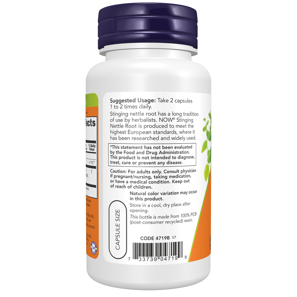 NOW Foods Stinging Nettle Root Extract 250 mg - 90 Veg Capsules – Left label / Etykieta producenta