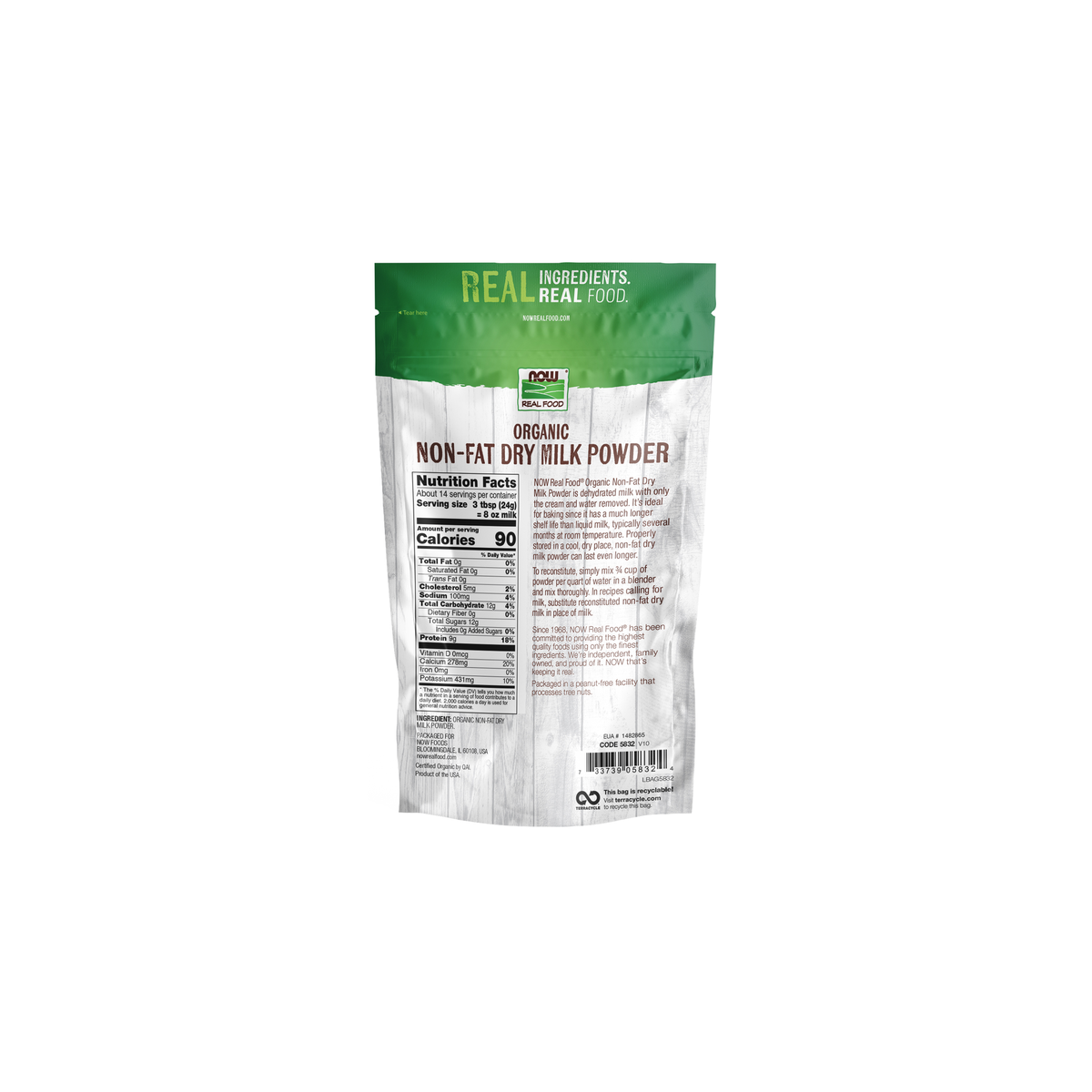 NOW Foods Non-Fat Dry Milk Powder, Organic - 12 oz. – Back label / Etykieta producenta
